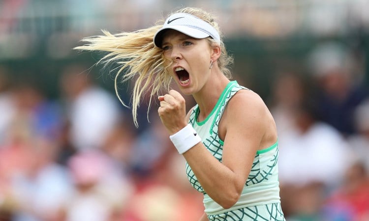 Katie Boulter celebrates winning a point at the 2023 Rothesay Open Nottingham