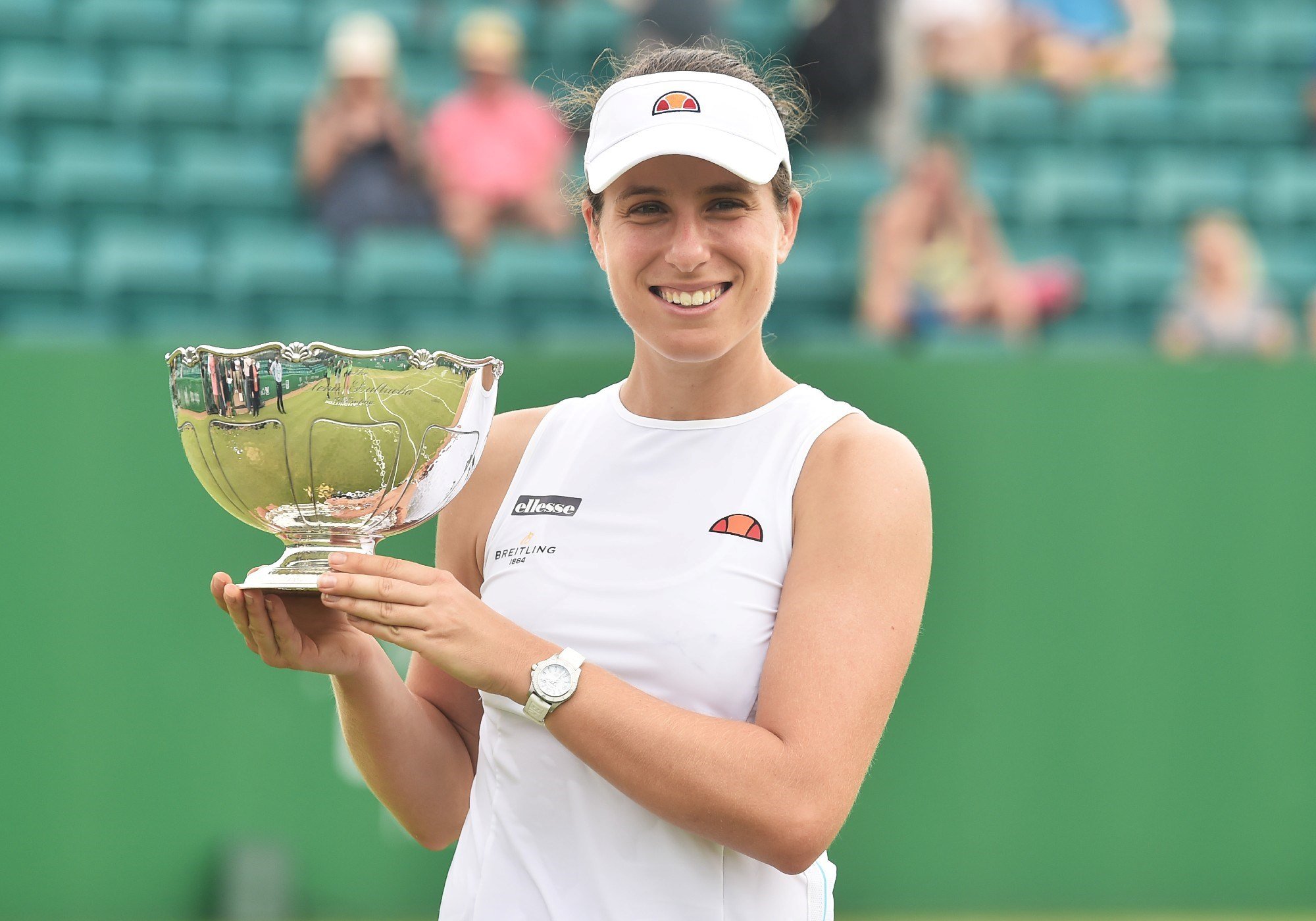 Johanna Konta of Great Britain holds the Viking Open Trophy after she beats Shuai Zhang of China at Nottingham Tennis Centre on June 13, 2021