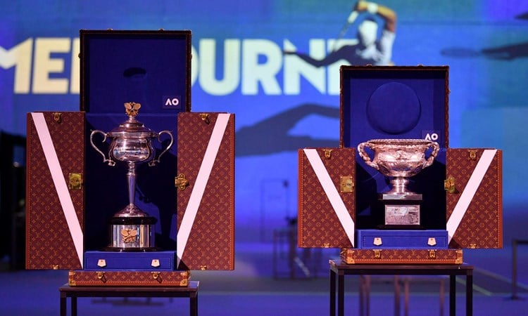 Australian Open trophies on court on the Rod Laver Arena