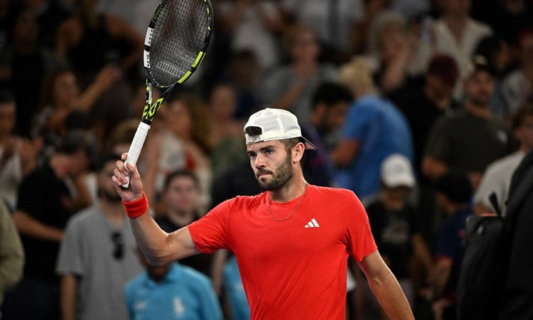 Jacob Fearnley celebrates an opening round win at the Australian Open against Nick Kyrgios