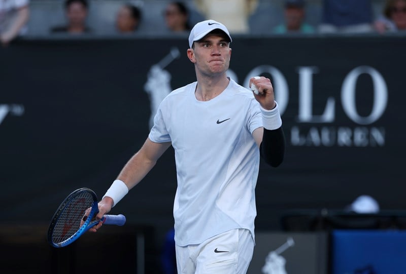 Jack Draper clenching his fist in celebration after defeating Mariano Navone in five sets in the first round at the 2025 Australian Open