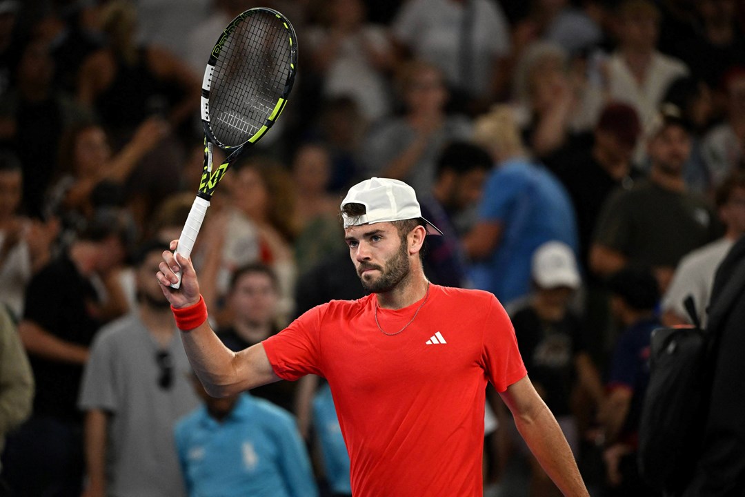 Jacob Fearnley celebrates an opening round win at the Australian Open against Nick Kyrgios