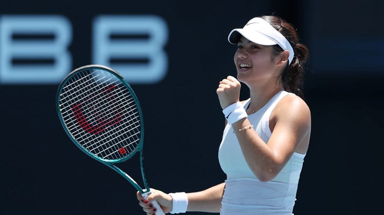 Emma Raducanu celebrates after winning her first round match at the Australian Open against 26th seed Ekaterina Alexandrova