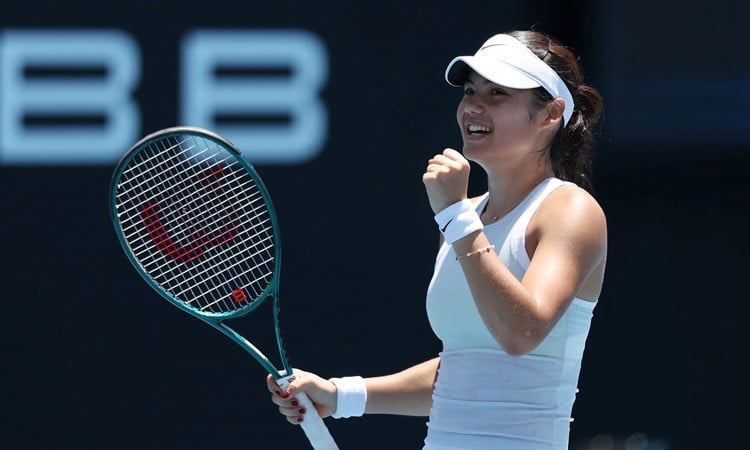 Emma Raducanu celebrates after winning her first round match at the Australian Open against 26th seed Ekaterina Alexandrova