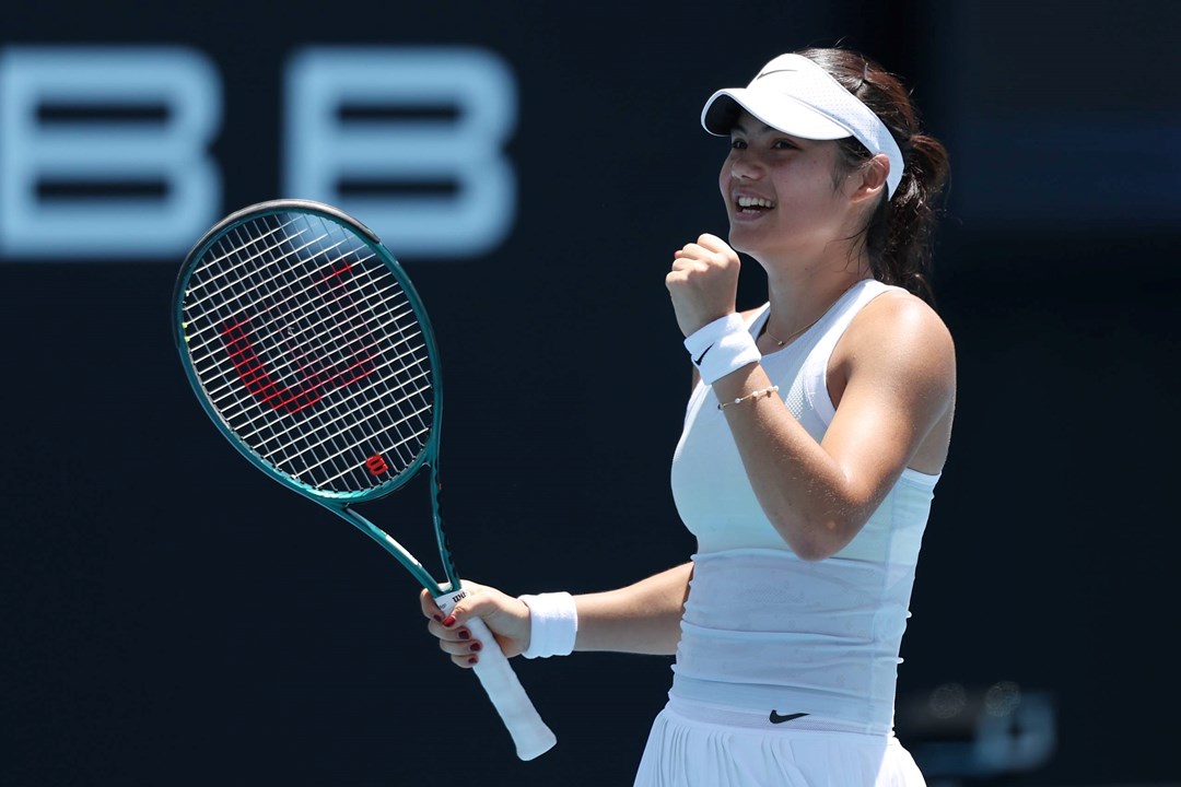 Emma Raducanu celebrates after winning her first round match at the Australian Open against 26th seed Ekaterina Alexandrova