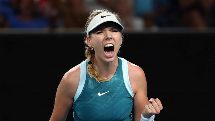 Katie Boulter roars in celebration during her first round win at the Australian Open