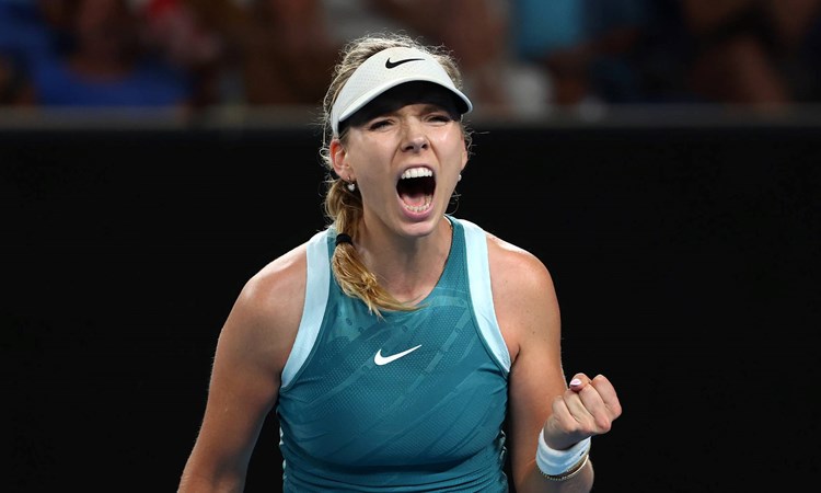 Katie Boulter roars in celebration during her first round win at the Australian Open