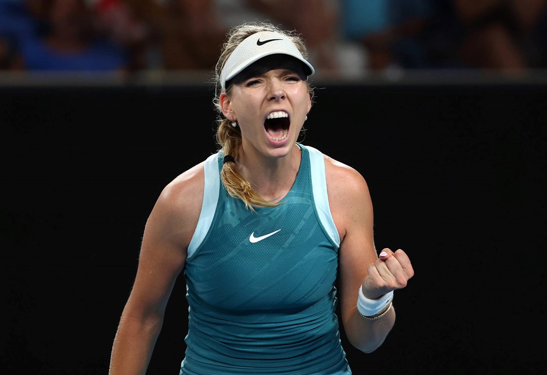 Katie Boulter roars in celebration during her first round win at the Australian Open