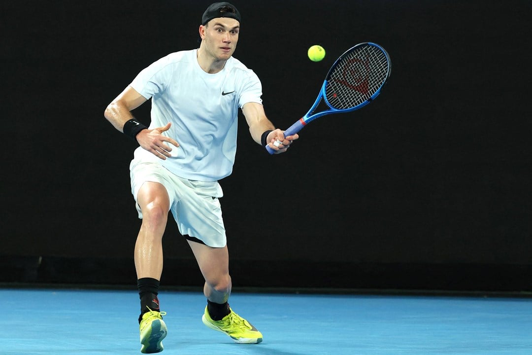 Jack Draper eyes up a forehand in the second round of the Australian Open