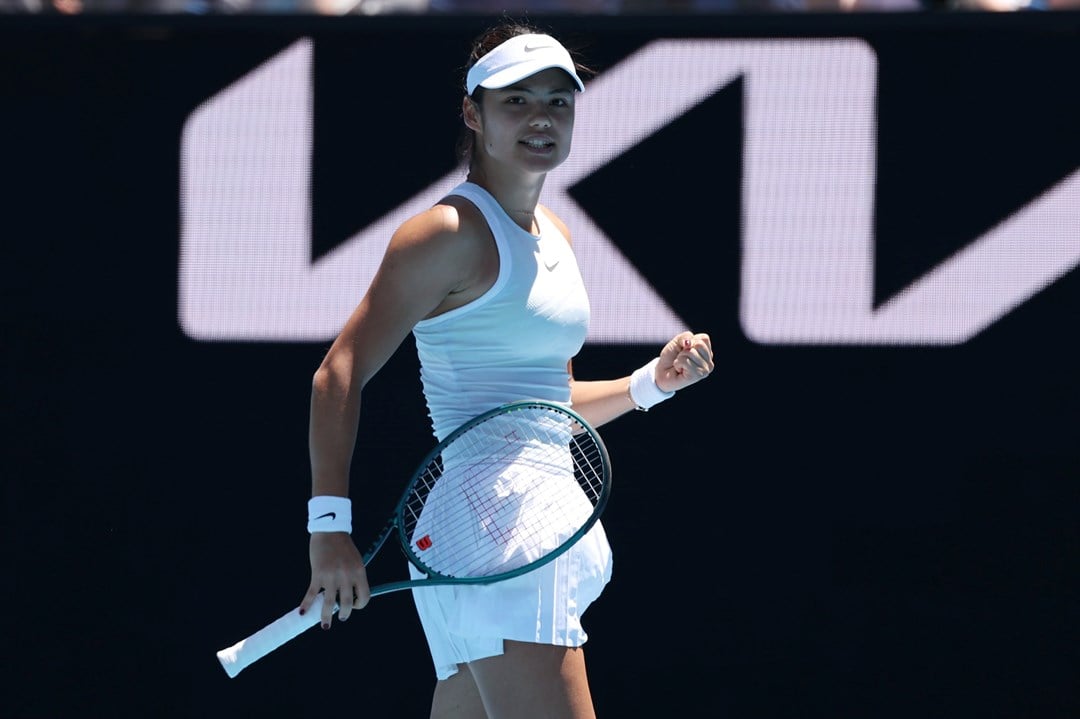 Emma Raducanu gives a fist pump during her second round win over Amanda Anisimova at the Australian Open