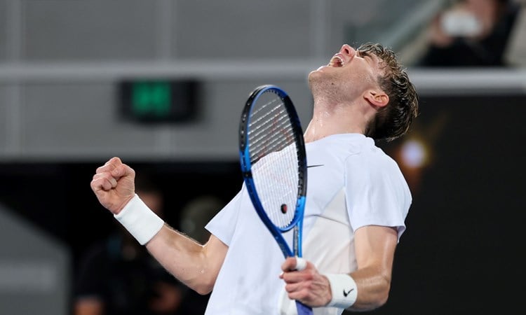 Jack Draper celebrates a five-set win over Aleksandar Vukic at the Australian Open