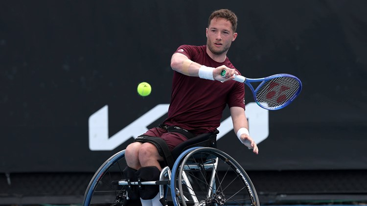 Alfie Hewett lines up a backhand during the 2025 Australian Open semi-finals