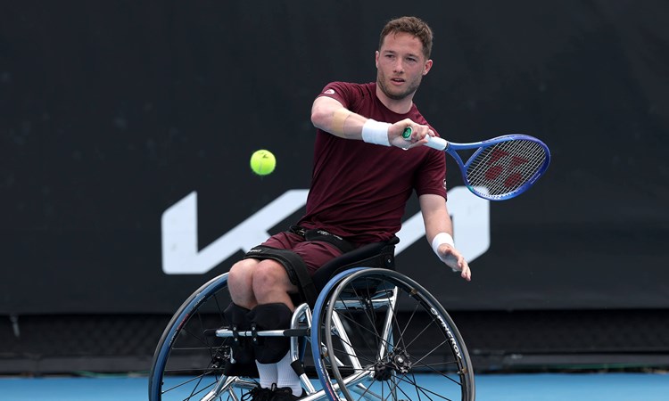 Alfie Hewett lines up a backhand during the 2025 Australian Open semi-finals