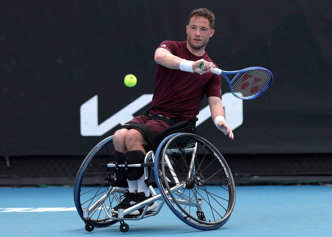 Alfie Hewett lines up a backhand during the 2025 Australian Open semi-finals