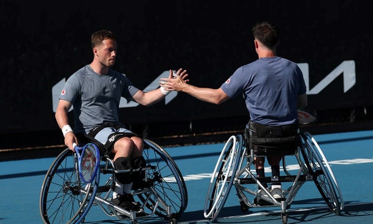 Alfie Hewett and Gordon Reid high five during the 2025 Australian Open semi-finals