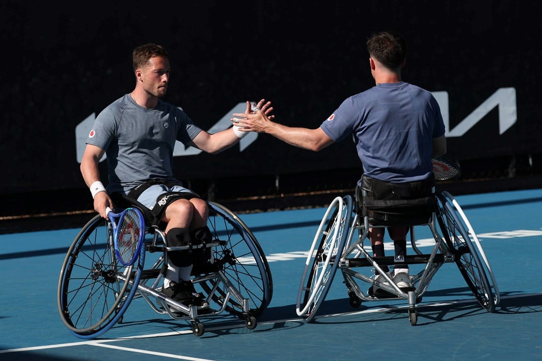 Alfie Hewett and Gordon Reid high five during the 2025 Australian Open semi-finals