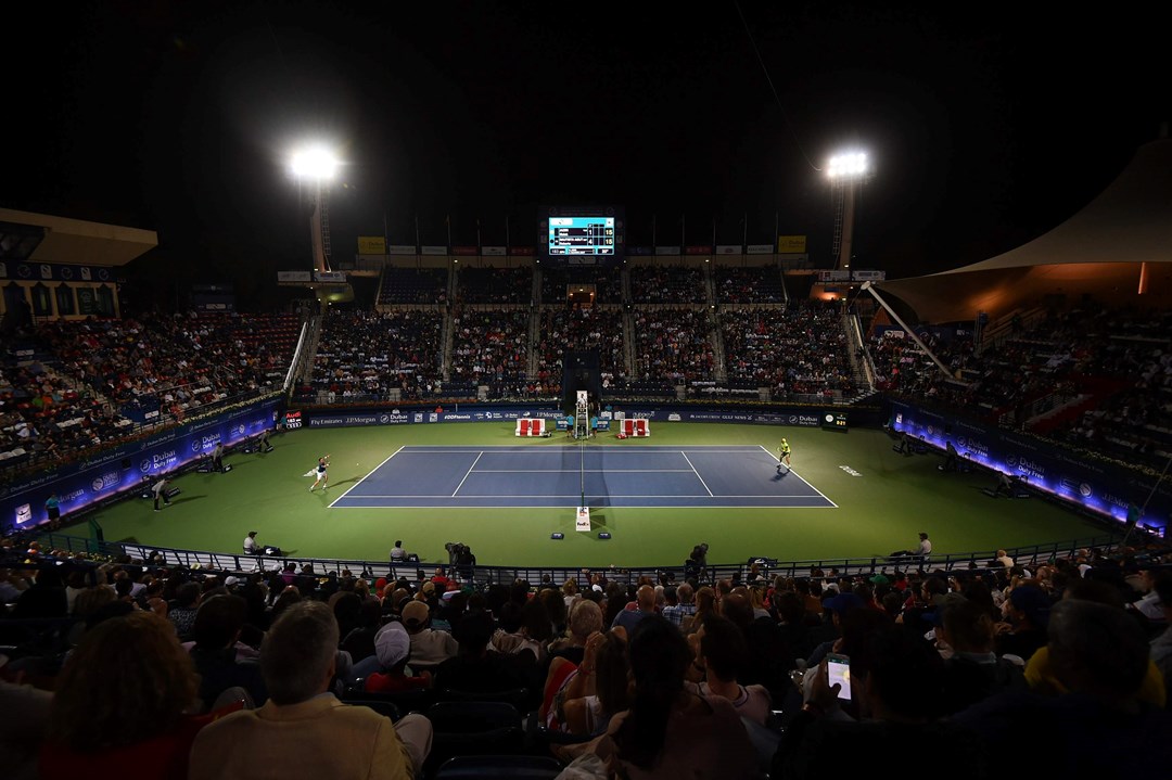 An image of a crowd looking onto court at the Dubai Duty Free Tennis Championships