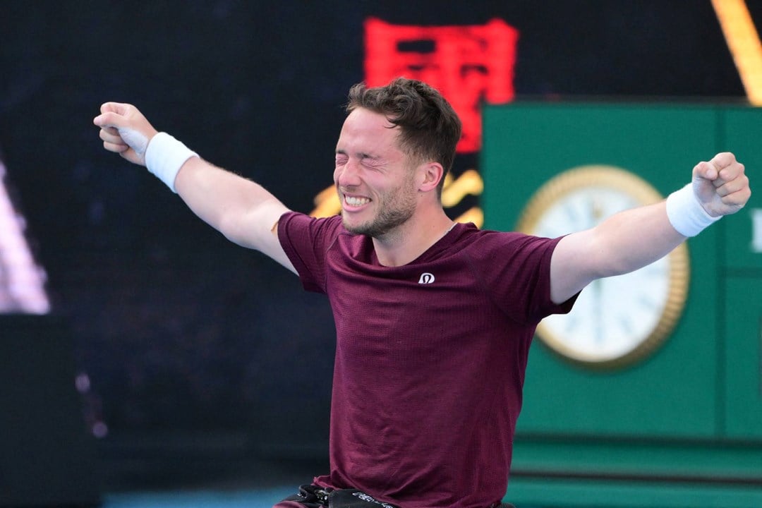 Alfie Hewett celebrates his second Australian Open men's wheelchair singles title