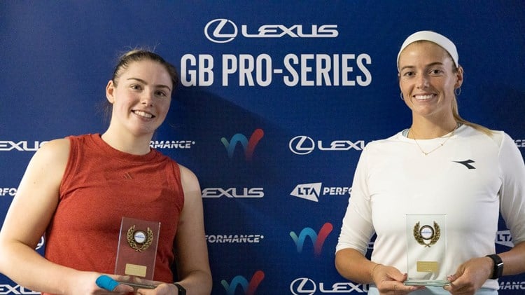 British tennis player Amelia Rajecki holding her doubles trophy at the Lexus British Pro Series Sunderland event with Anna Rogers 