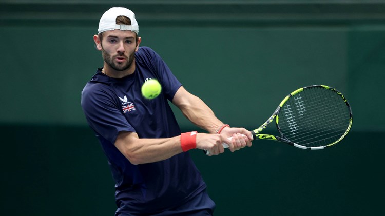 Jacob Fearnley hits a backhand in training at the Davis Cup in Japan