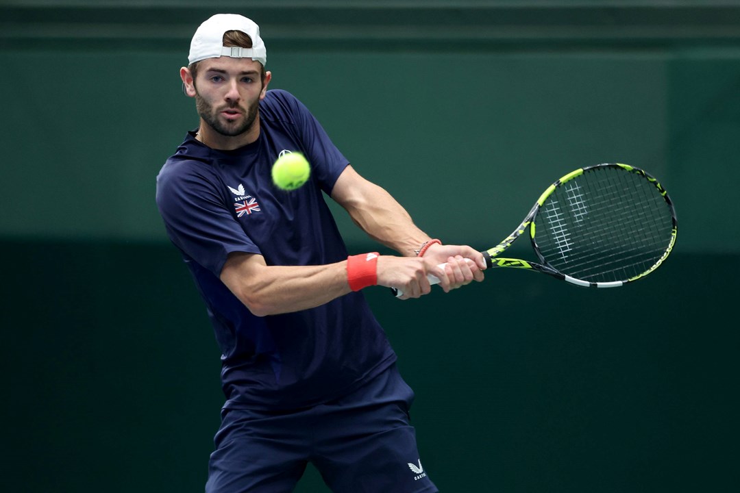 Jacob Fearnley hits a backhand in training at the Davis Cup in Japan