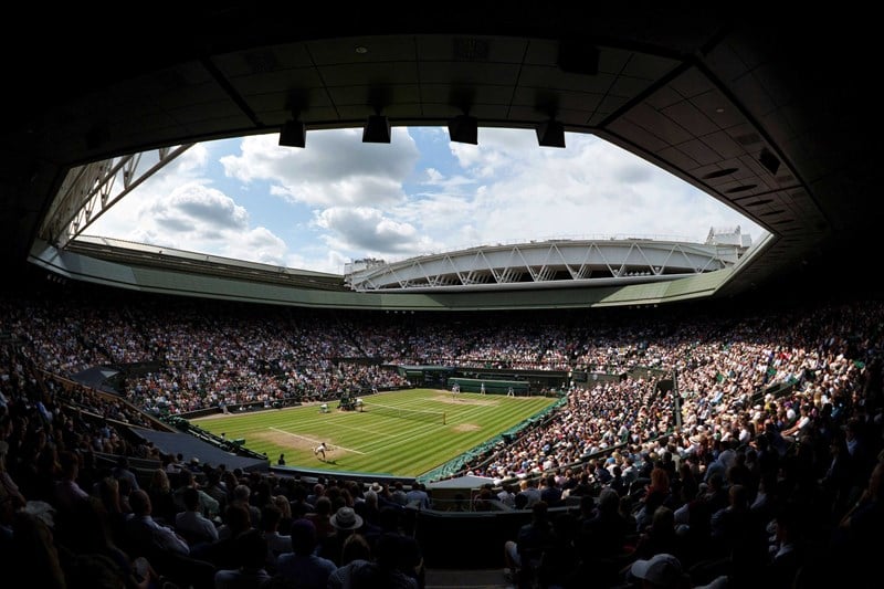 View of Wimbledon Centre Court with a full stadium of fans