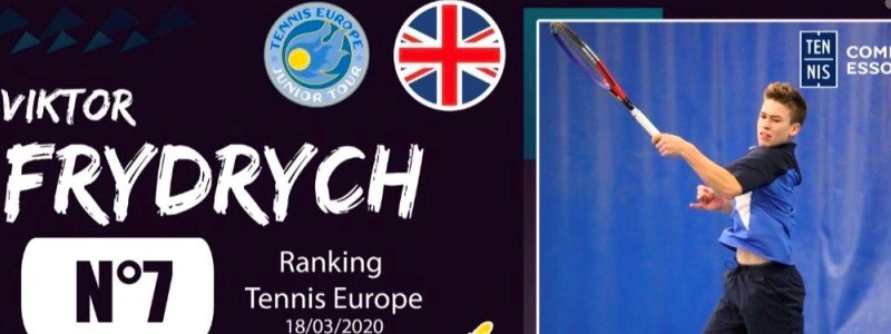 Viktor Frydrych playing a forehand shot and on left poster saying Viktor Frydrych Number 7 Ranking Tennis Europe