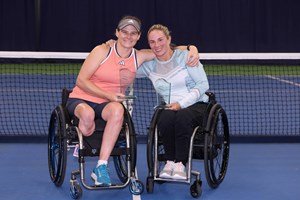 Cornelia Oosthuizen and Lucy Shuker holding the Bolton Indoor ITF 2 women's doubles title