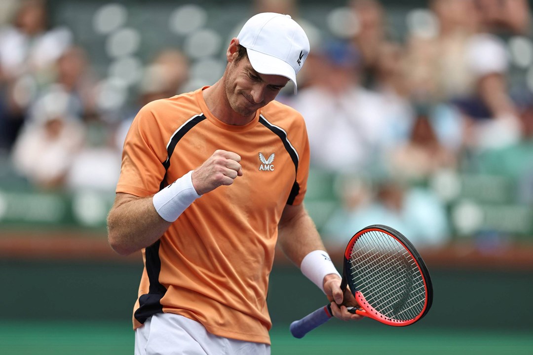 Andy Murray celebrates an opning round win against David Goffin at the BNP Paribas Open