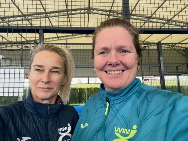 GB Seniors Padel players Victoria Davies and Helen Crook on court together