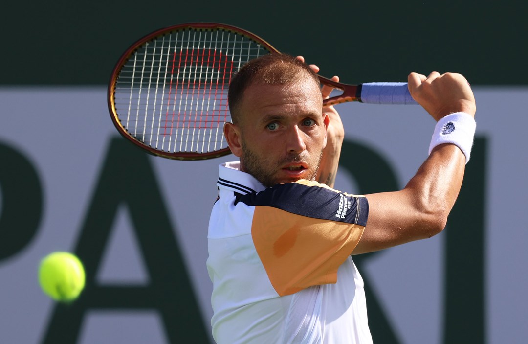 Dan Evans lines up a backhand at Indian Wells