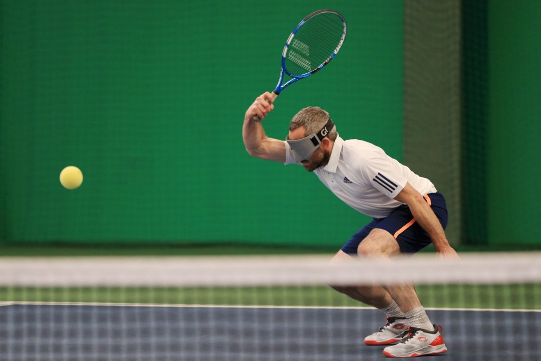 Roy Turnham in action during the LTA Visually Impaired National Finals at Wrexham Tennis Centre on November 20, 2021 in Wrexham, Wales. 