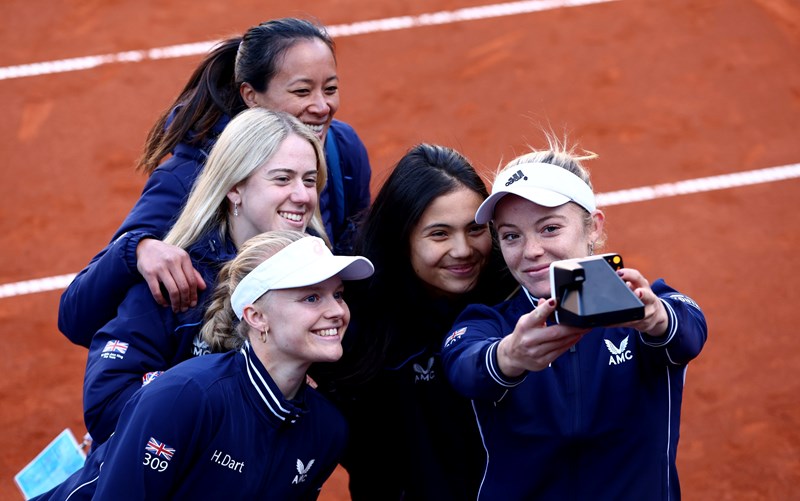 Great Britain's Harriet Dart, Sonay Kartal, Anne Keothavong, Emma Raducanu and Katie Swan posed for a team selfie after their Billie Jean King Cup qualifying tie against the Czech Republic