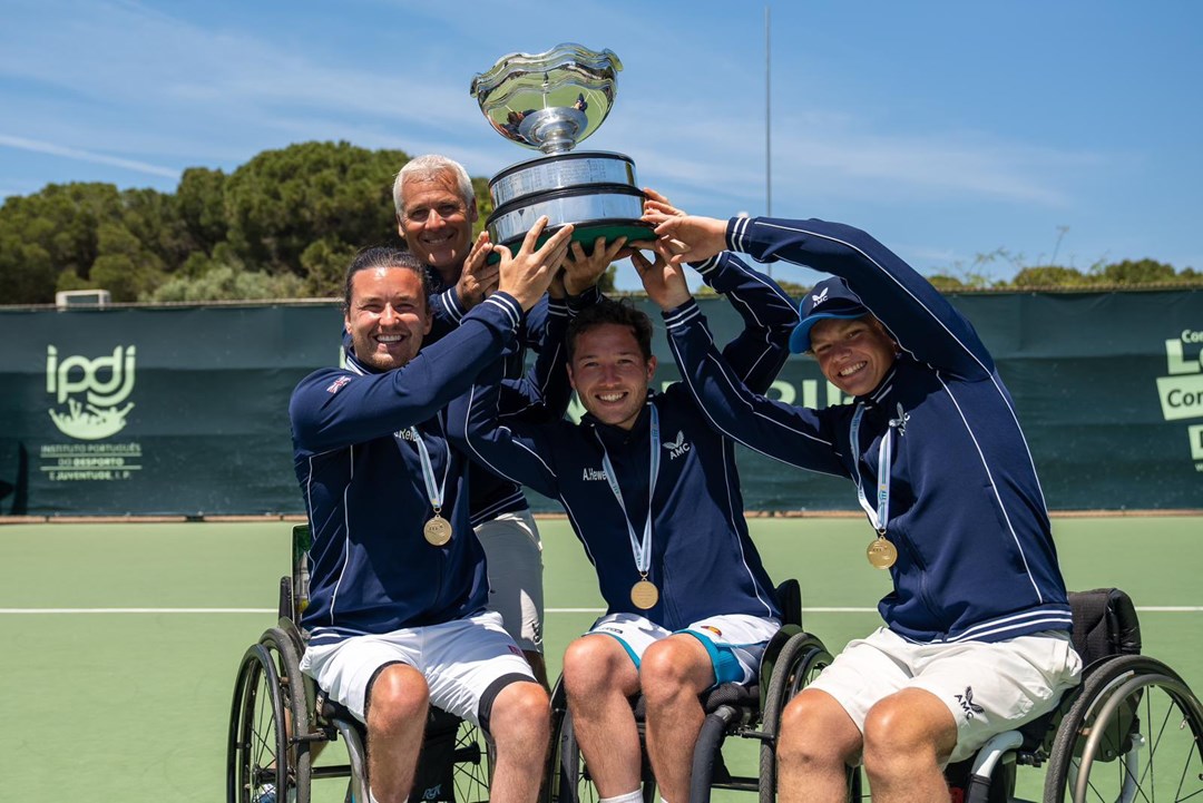 Great Britain's men's World Team Cup team lifting their trophy after defeating the Netherlands in Portugal 