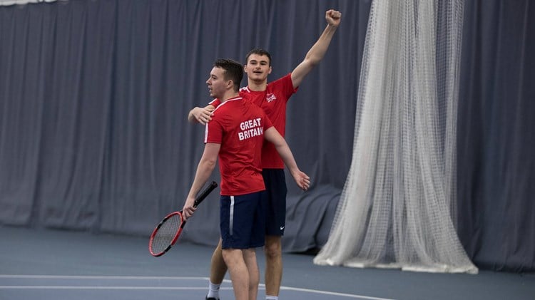 Dominic Iannotti and Fabrice Higgins celebrates winning his Mens Doubles Final match at the INAS Learning Disability International on April 14, 2017 in Bolton, England.