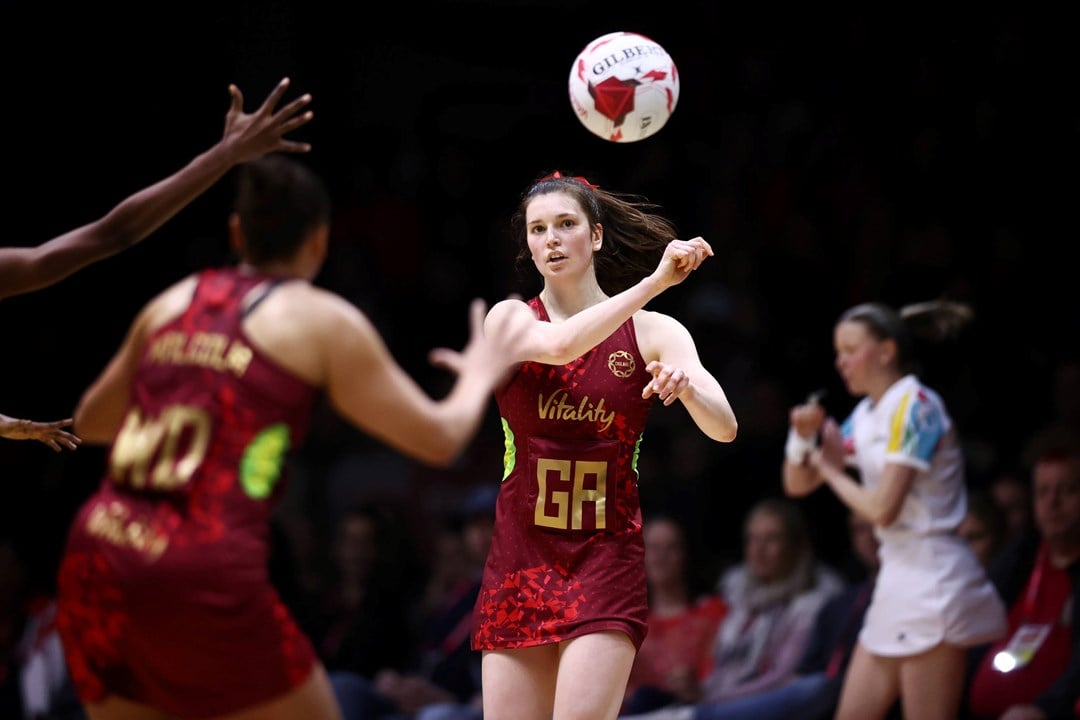 Sophie Drakeford Lewis playing netball for England