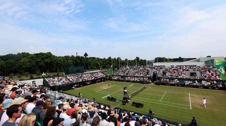 General view of the Rothesay Nottingham Open centre court with a packet out crowd looking on