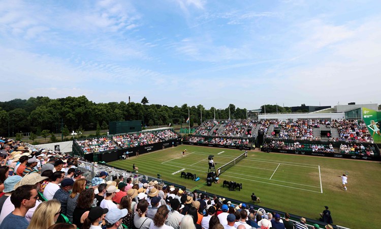 General view of the Rothesay Nottingham Open centre court with a packet out crowd looking on