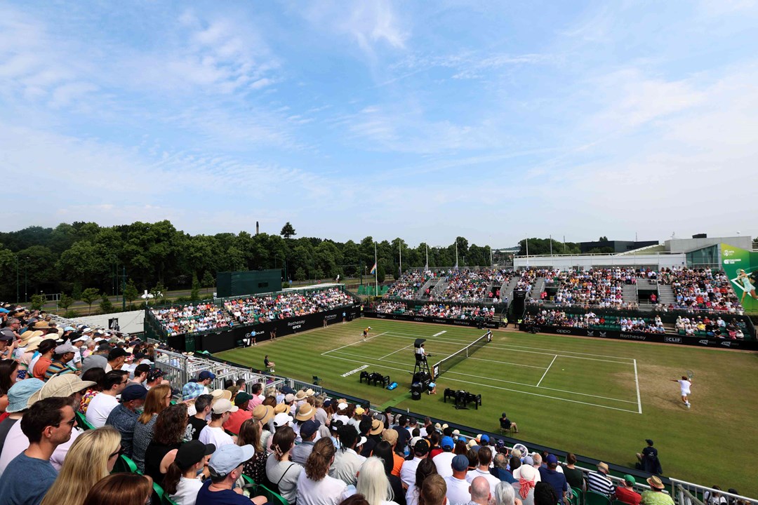 General view of the Rothesay Nottingham Open centre court with a packet out crowd looking on