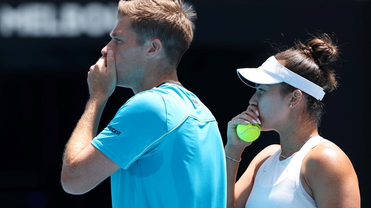 eal Skupski of Great Britain and Desirae Krawczyk of the United States talk tactics in their Mixed Doubles Final match against Hsieh Su-wei of Chinese Taipei and Jan Zielinski of Poland during the 2024 Australian Open at Melbourne Park on January 26, 2024 in Melbourne, Australia. 
