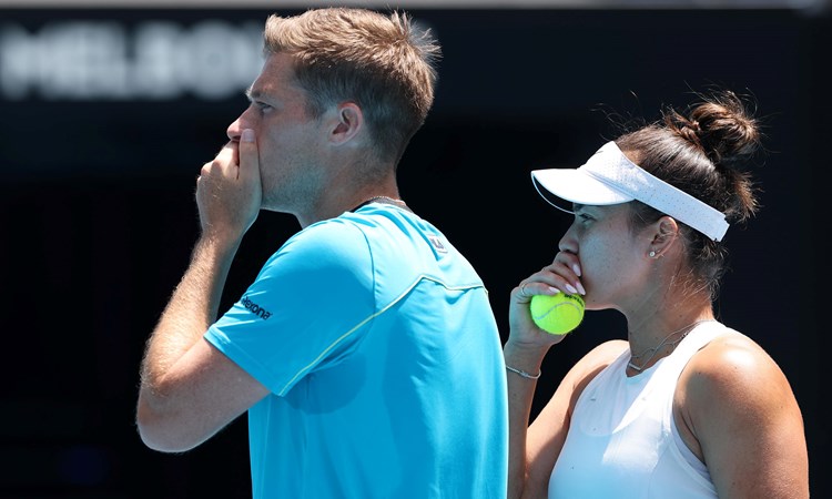 eal Skupski of Great Britain and Desirae Krawczyk of the United States talk tactics in their Mixed Doubles Final match against Hsieh Su-wei of Chinese Taipei and Jan Zielinski of Poland during the 2024 Australian Open at Melbourne Park on January 26, 2024 in Melbourne, Australia. 