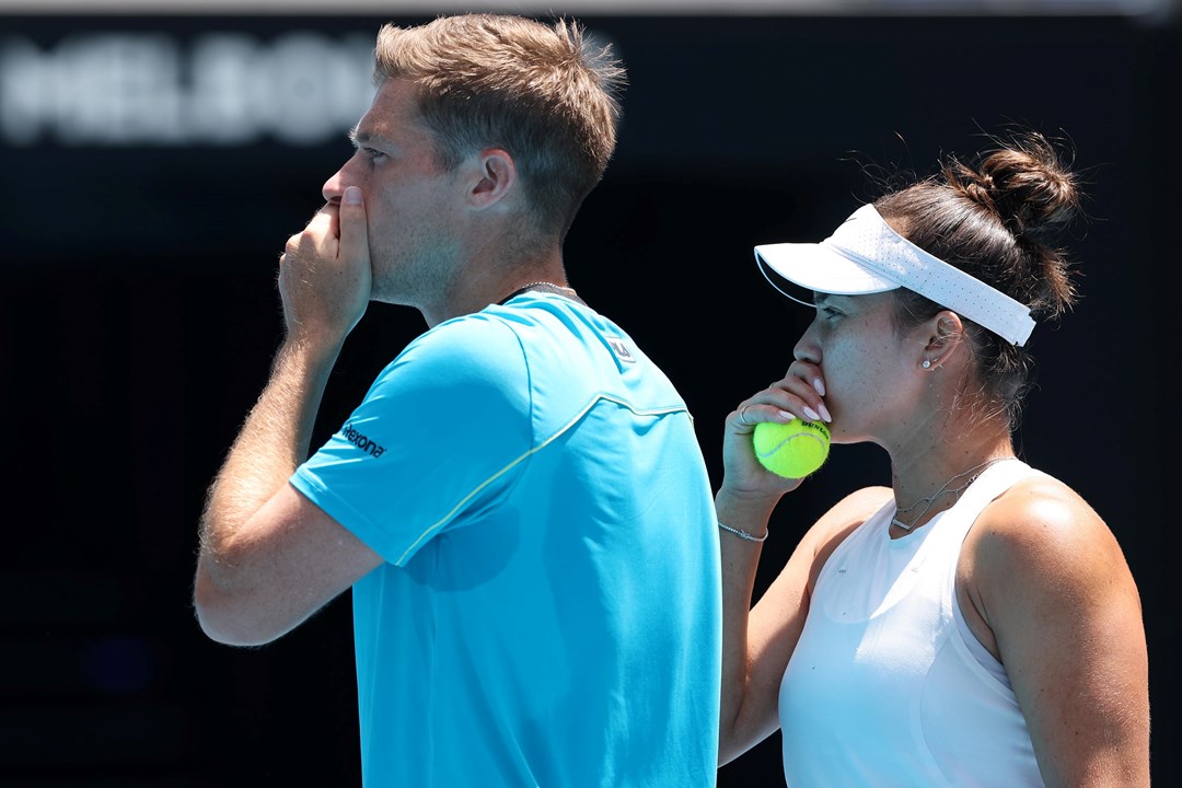 eal Skupski of Great Britain and Desirae Krawczyk of the United States talk tactics in their Mixed Doubles Final match against Hsieh Su-wei of Chinese Taipei and Jan Zielinski of Poland during the 2024 Australian Open at Melbourne Park on January 26, 2024 in Melbourne, Australia. 