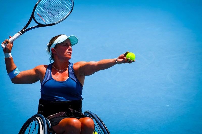 Lucy Shuker pictured in action during the final of the Australian Open women's wheelchair doubles