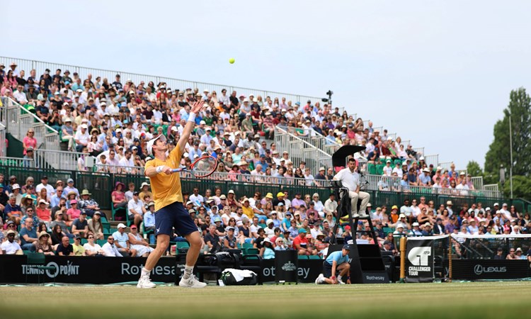 Andy Murray serves at the Rothesay Open Nottingham
