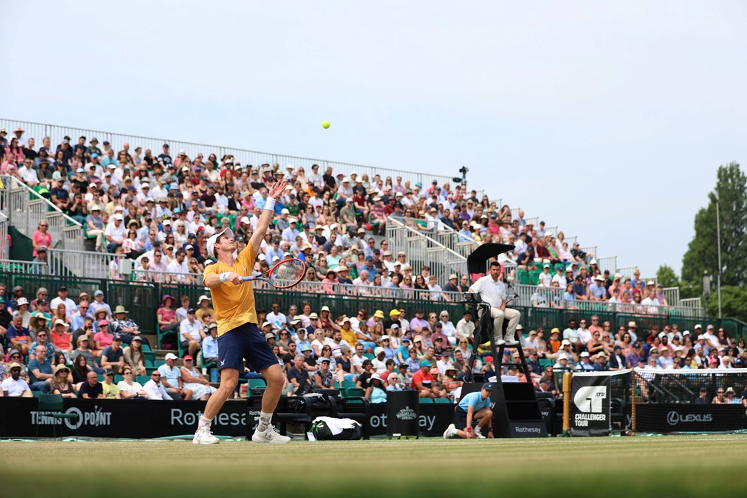 Andy Murray serves at the Rothesay Open Nottingham