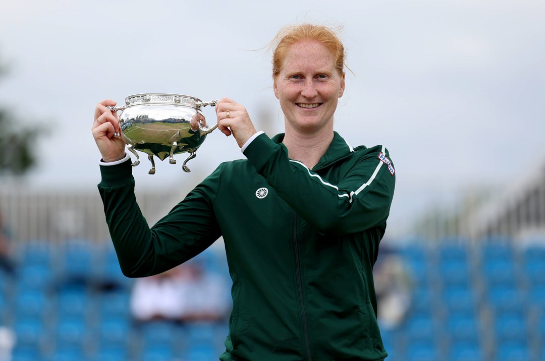 Alison van Uytvanck holding the 2024 Lexus Surbiton Trophy title