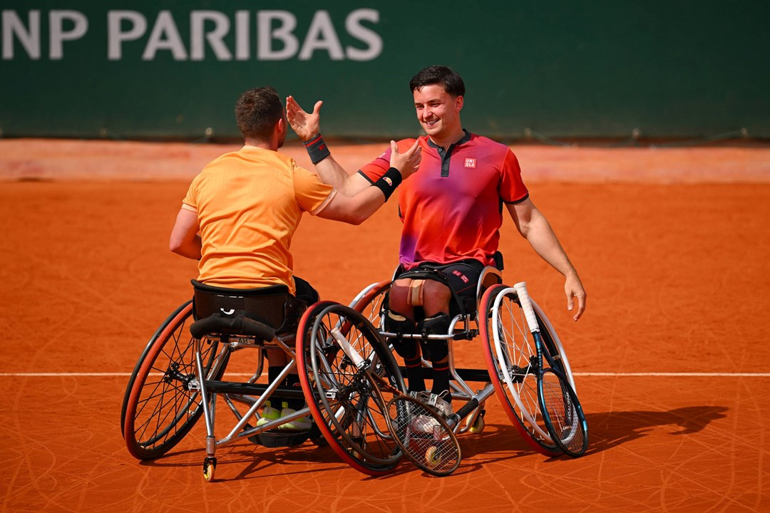 Gordon Reid and Alfie Hewett on court playing doubles in Rome