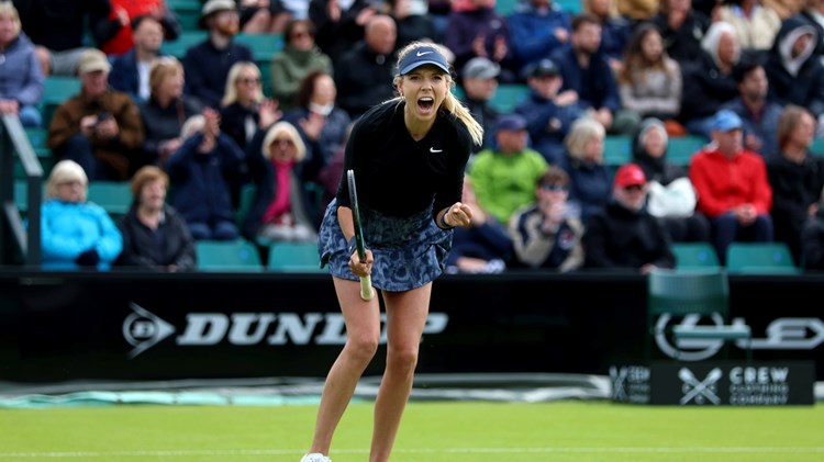 Katie Boulter celebrates her first round win at the Rothesay Open Nottingham 2024