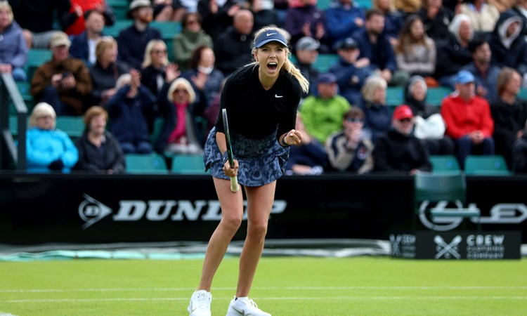 Katie Boulter celebrates her first round win at the Rothesay Open Nottingham 2024