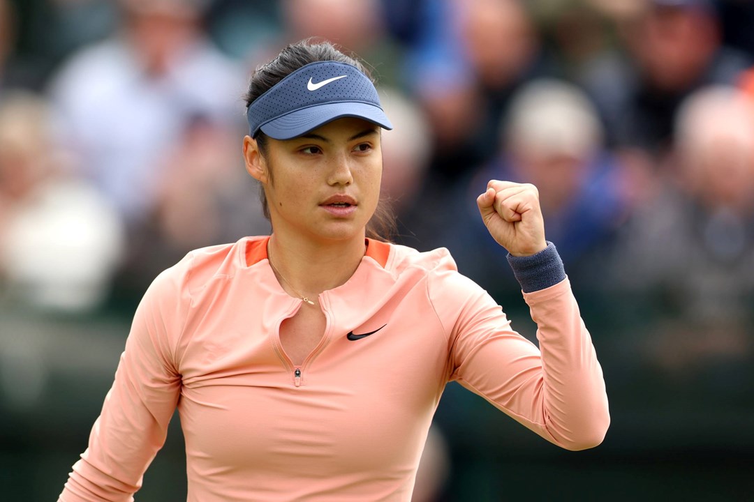 Emma Raducanu fist pumps at the Rothesay Open Nottingham during a first round win